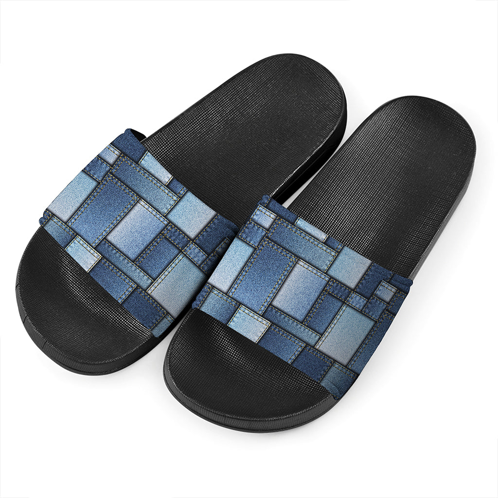 Patchwork Denim Jeans Pattern Print Black Slide Sandals
