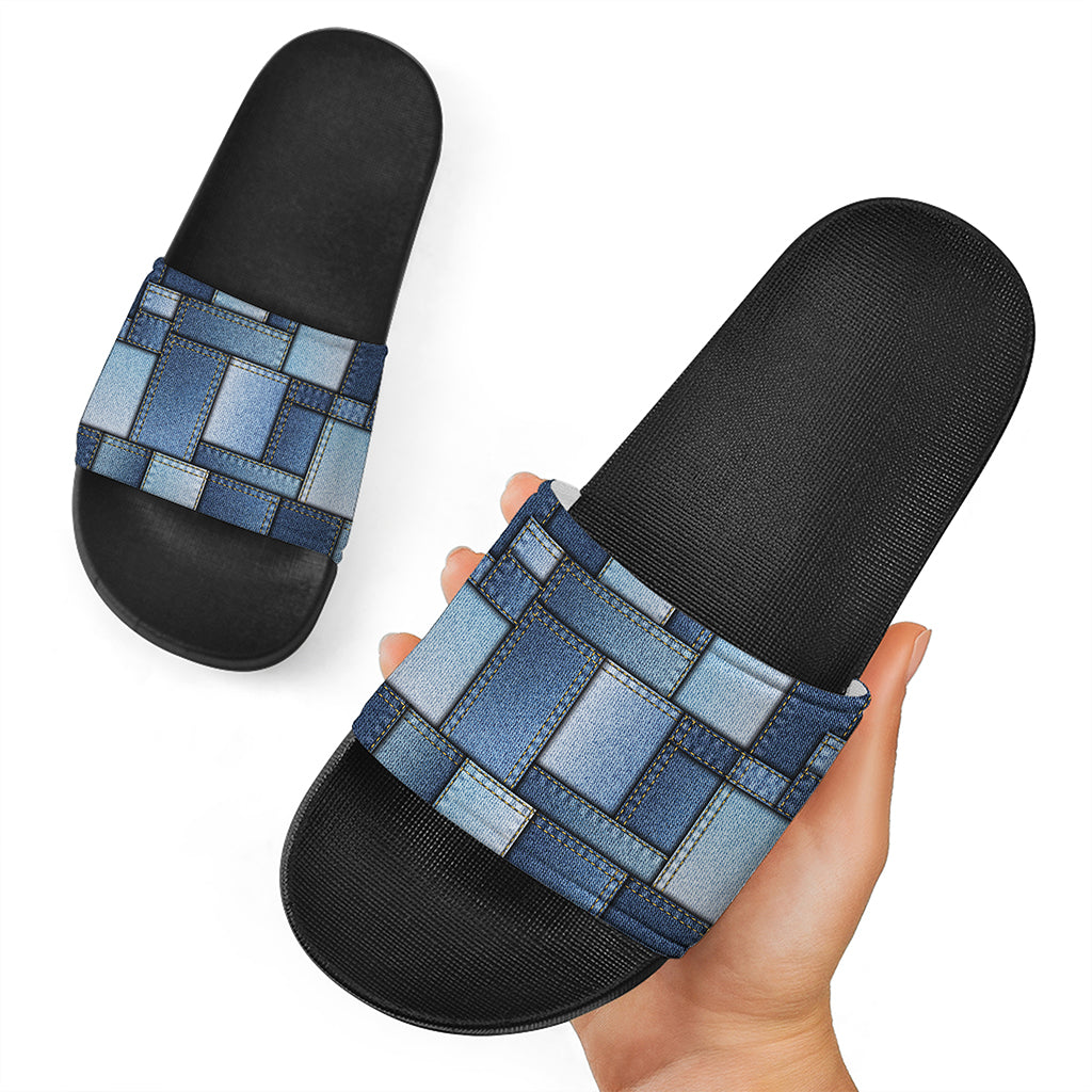 Patchwork Denim Jeans Pattern Print Black Slide Sandals