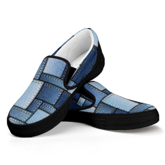 Patchwork Denim Jeans Pattern Print Black Slip On Shoes