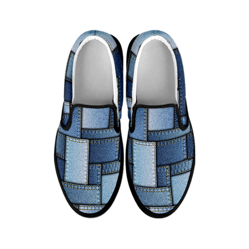 Patchwork Denim Jeans Pattern Print Black Slip On Shoes
