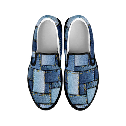 Patchwork Denim Jeans Pattern Print Black Slip On Shoes