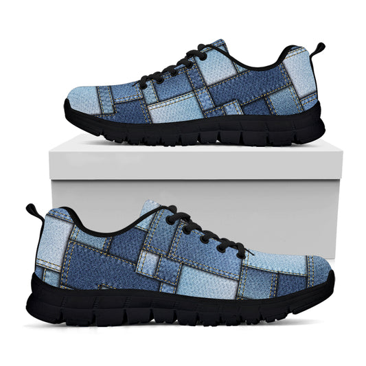 Patchwork Denim Jeans Pattern Print Black Sneakers