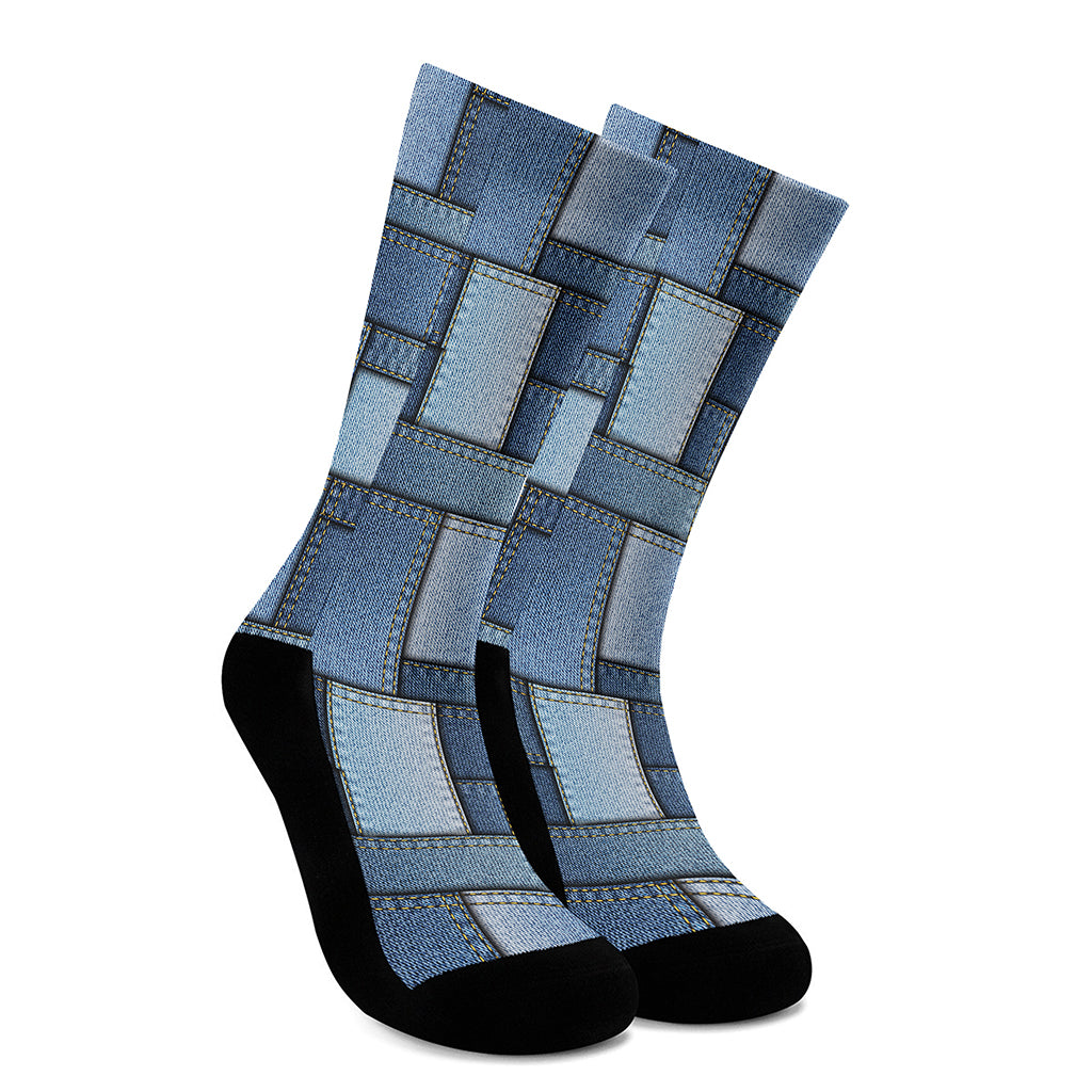 Patchwork Denim Jeans Pattern Print Crew Socks