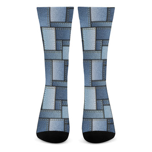 Patchwork Denim Jeans Pattern Print Crew Socks