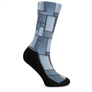 Patchwork Denim Jeans Pattern Print Crew Socks