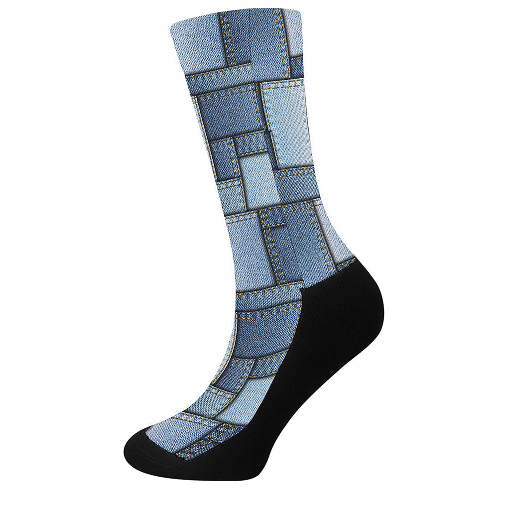 Patchwork Denim Jeans Pattern Print Crew Socks