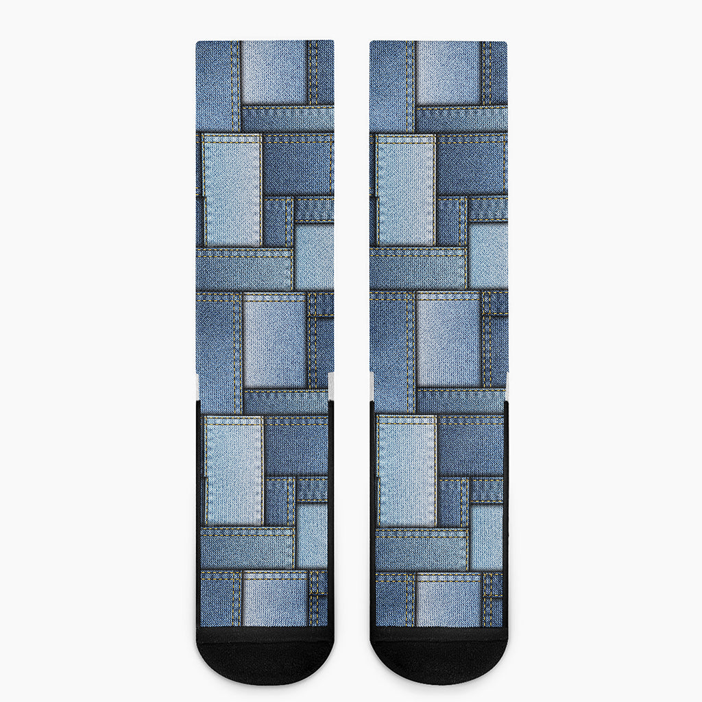 Patchwork Denim Jeans Pattern Print Crew Socks