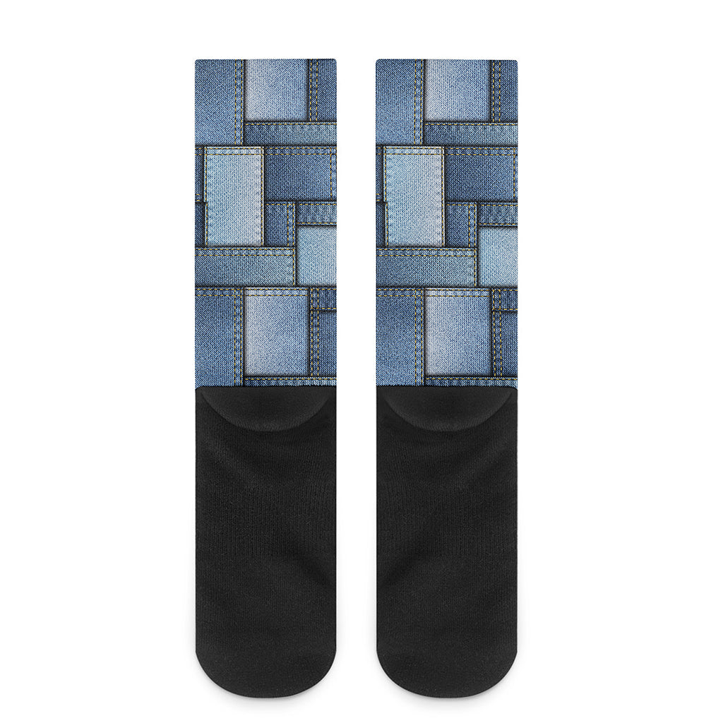 Patchwork Denim Jeans Pattern Print Crew Socks