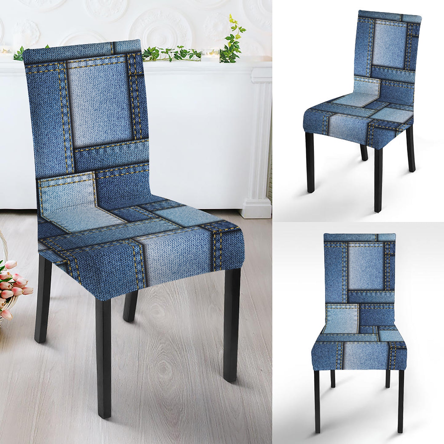 Patchwork Denim Jeans Pattern Print Dining Chair Slipcover