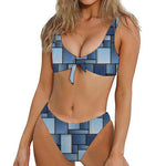 Patchwork Denim Jeans Pattern Print Front Bow Tie Bikini