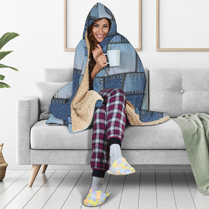 Patchwork Denim Jeans Pattern Print Hooded Blanket
