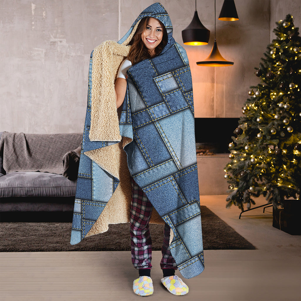 Patchwork Denim Jeans Pattern Print Hooded Blanket