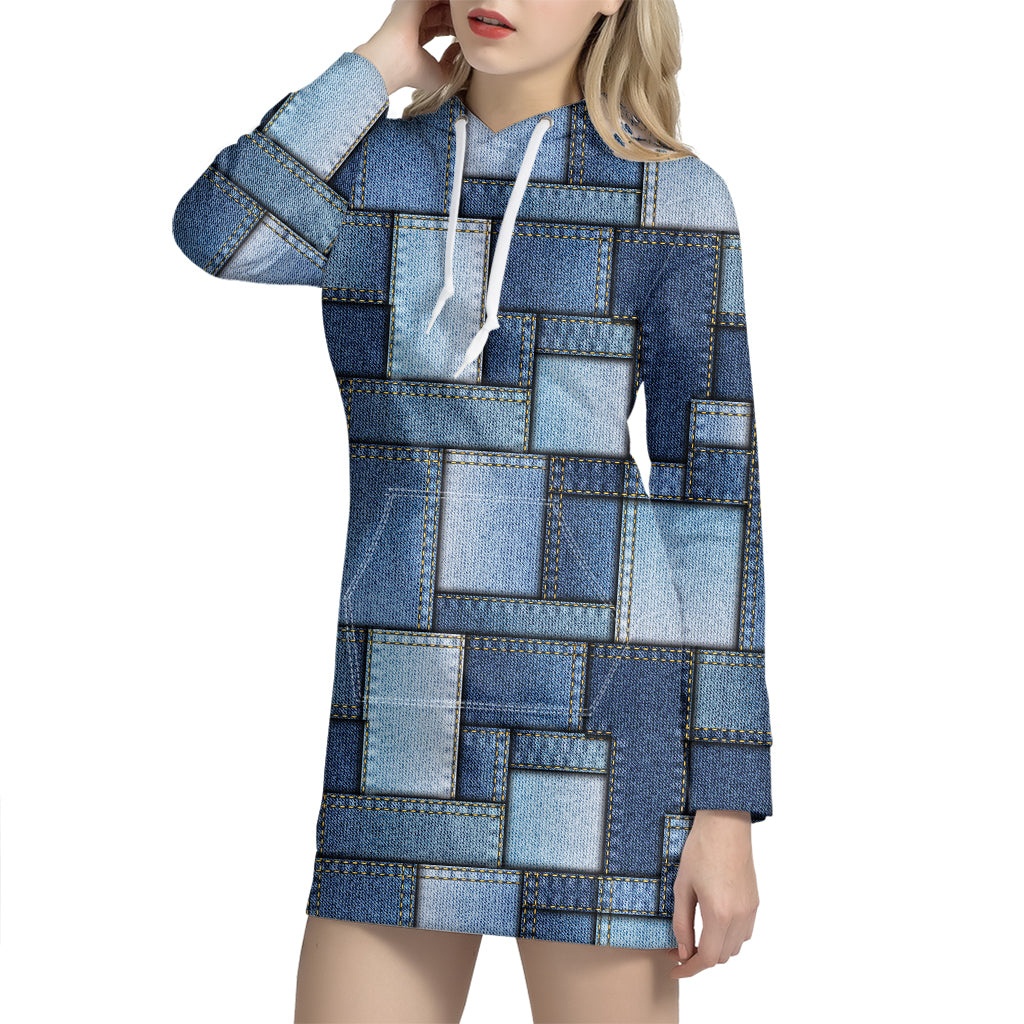 Patchwork Denim Jeans Pattern Print Hoodie Dress