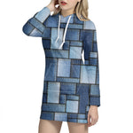 Patchwork Denim Jeans Pattern Print Hoodie Dress
