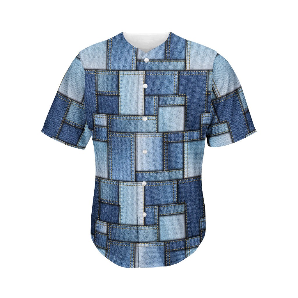 Patchwork Denim Jeans Pattern Print Men's Baseball Jersey