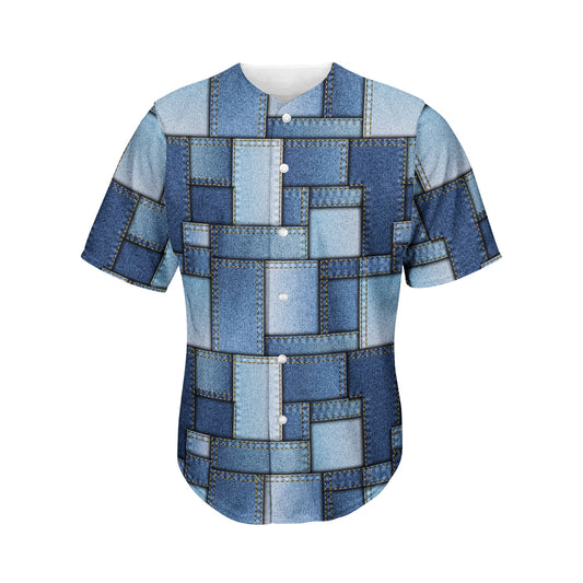 Patchwork Denim Jeans Pattern Print Men's Baseball Jersey