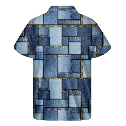 Patchwork Denim Jeans Pattern Print Men's Short Sleeve Shirt