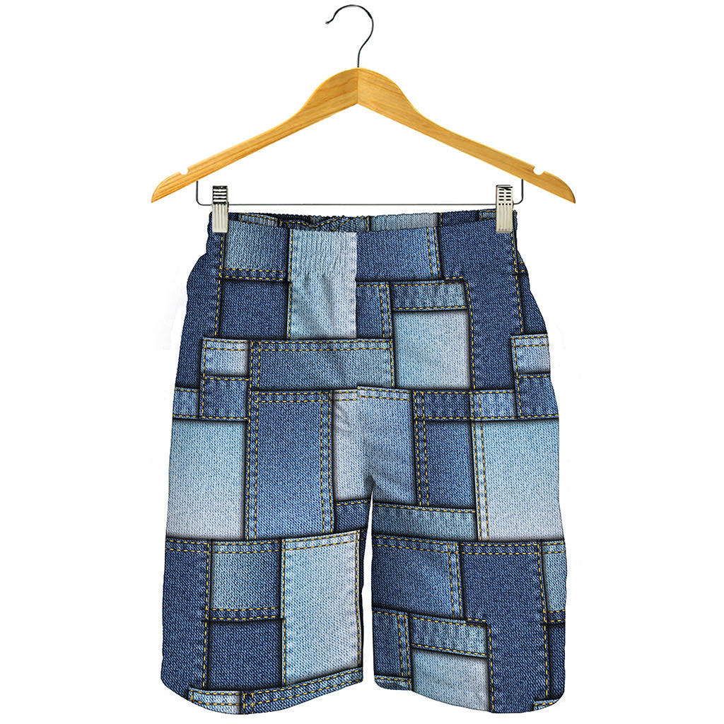 Patchwork Denim Jeans Pattern Print Men's Shorts