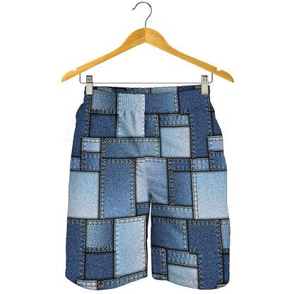 Patchwork Denim Jeans Pattern Print Men's Shorts