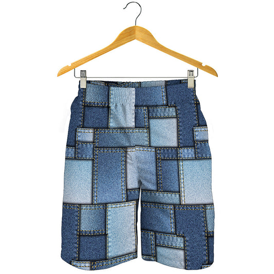 Patchwork Denim Jeans Pattern Print Men's Shorts