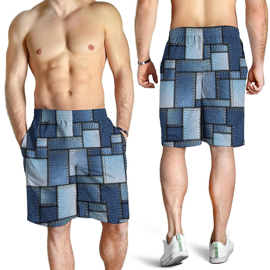 Patchwork Denim Jeans Pattern Print Men's Shorts