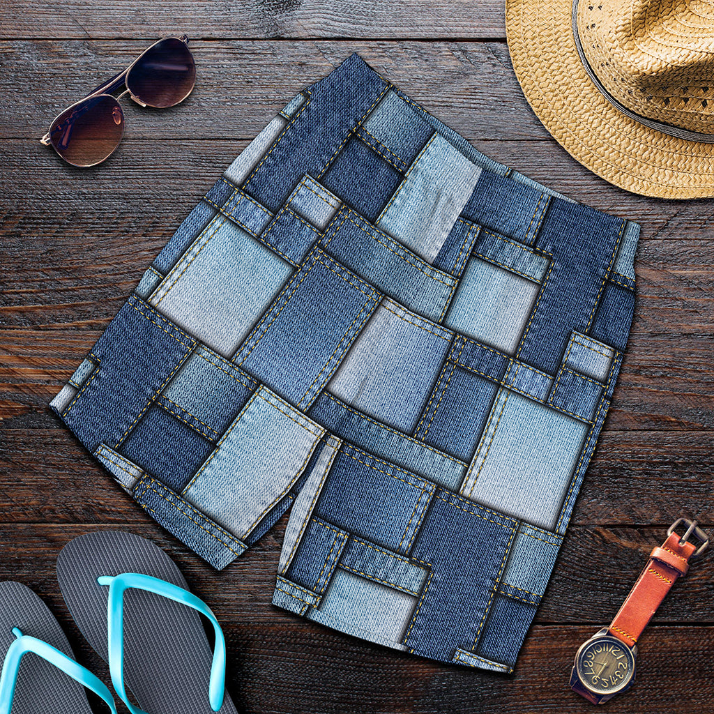 Patchwork Denim Jeans Pattern Print Men's Shorts