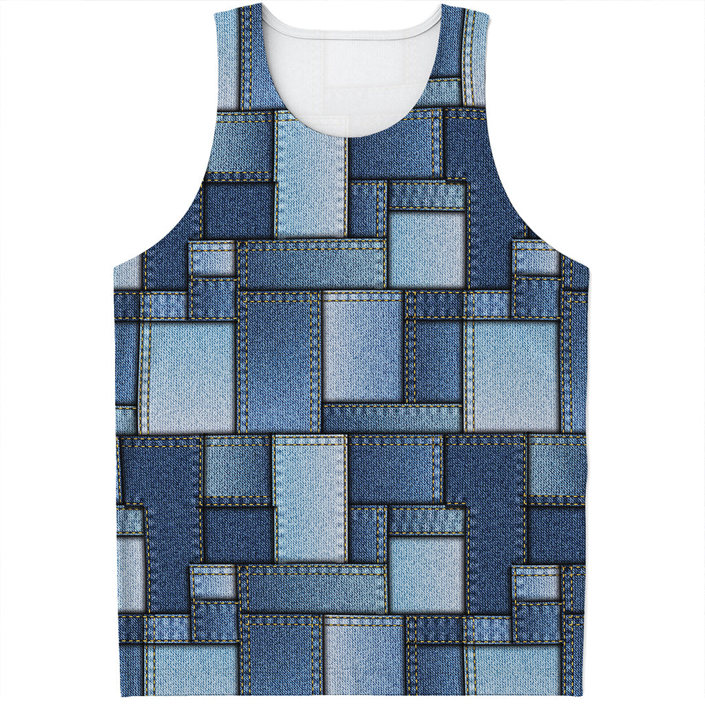 Patchwork Denim Jeans Pattern Print Men's Tank Top