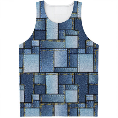 Patchwork Denim Jeans Pattern Print Men's Tank Top