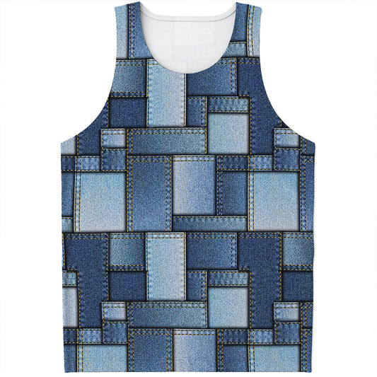 Patchwork Denim Jeans Pattern Print Men's Tank Top