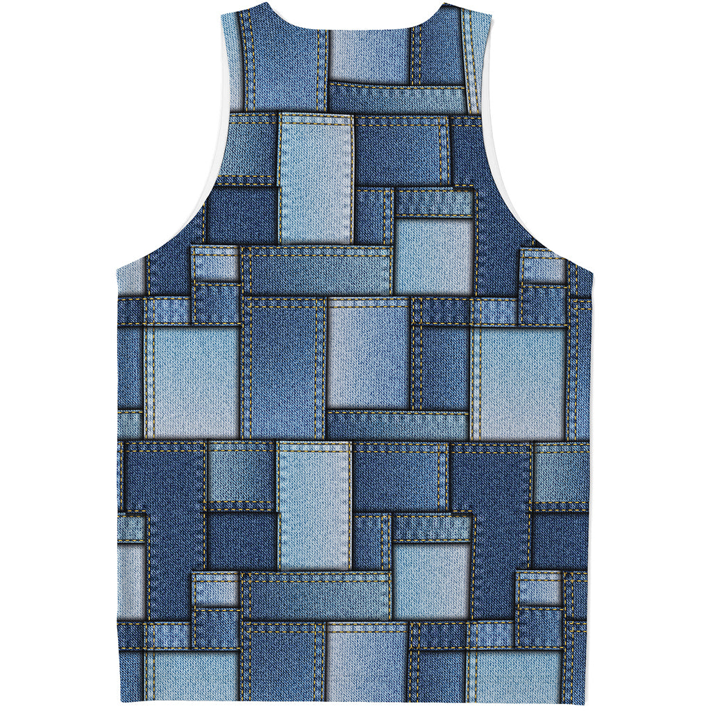 Patchwork Denim Jeans Pattern Print Men's Tank Top