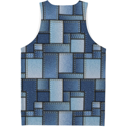 Patchwork Denim Jeans Pattern Print Men's Tank Top