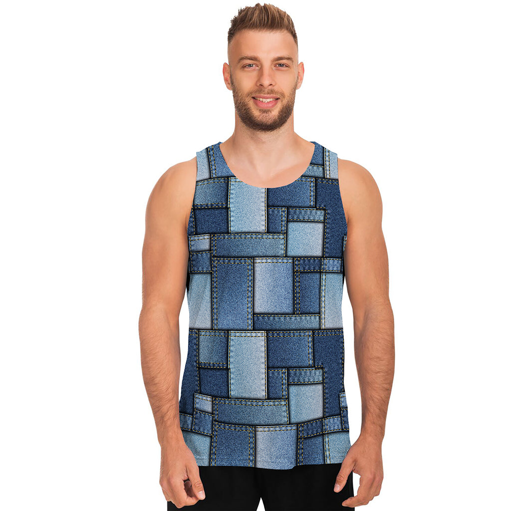 Patchwork Denim Jeans Pattern Print Men's Tank Top