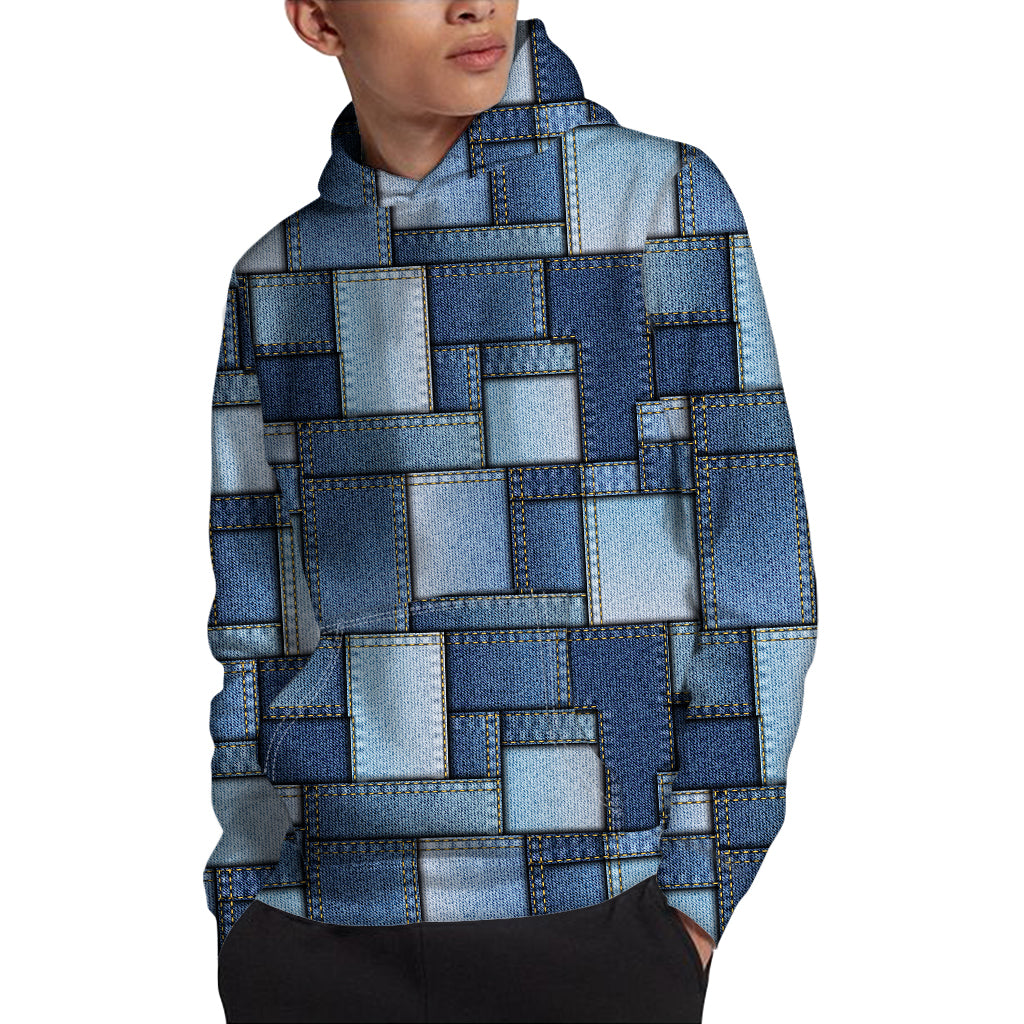 Patchwork Denim Jeans Pattern Print Pullover Hoodie