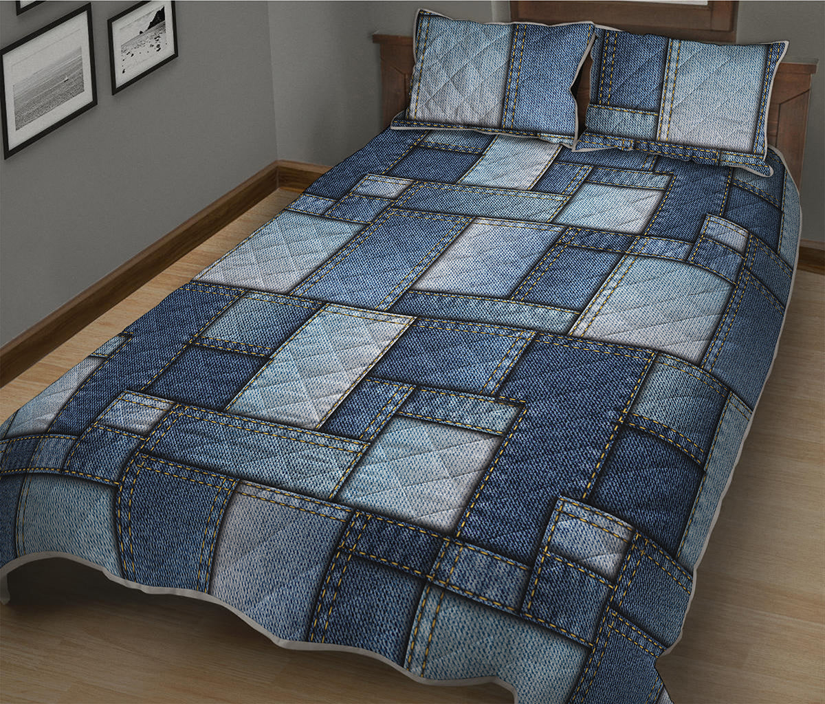 Patchwork Denim Jeans Pattern Print Quilt Bed Set