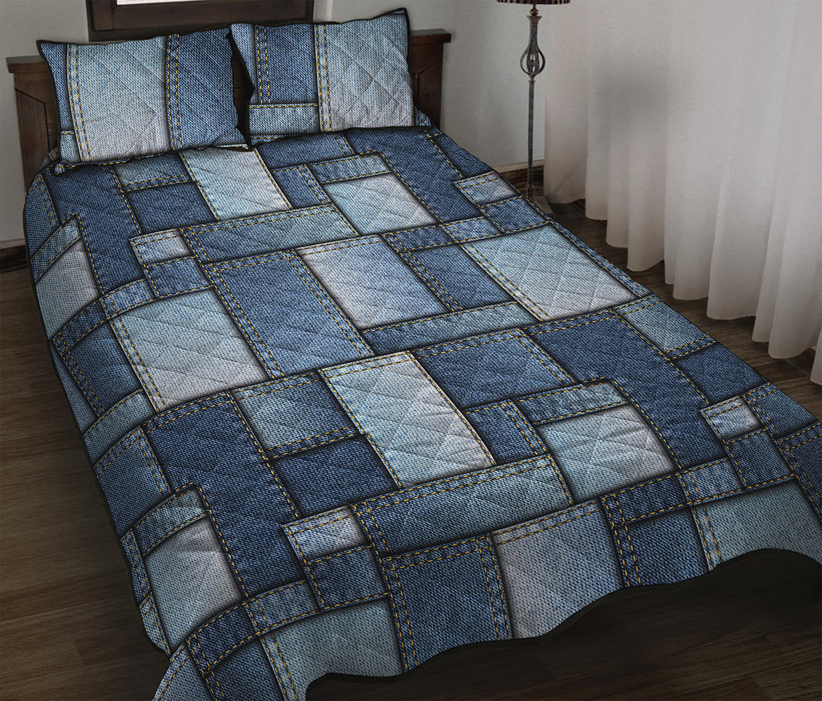 Patchwork Denim Jeans Pattern Print Quilt Bed Set