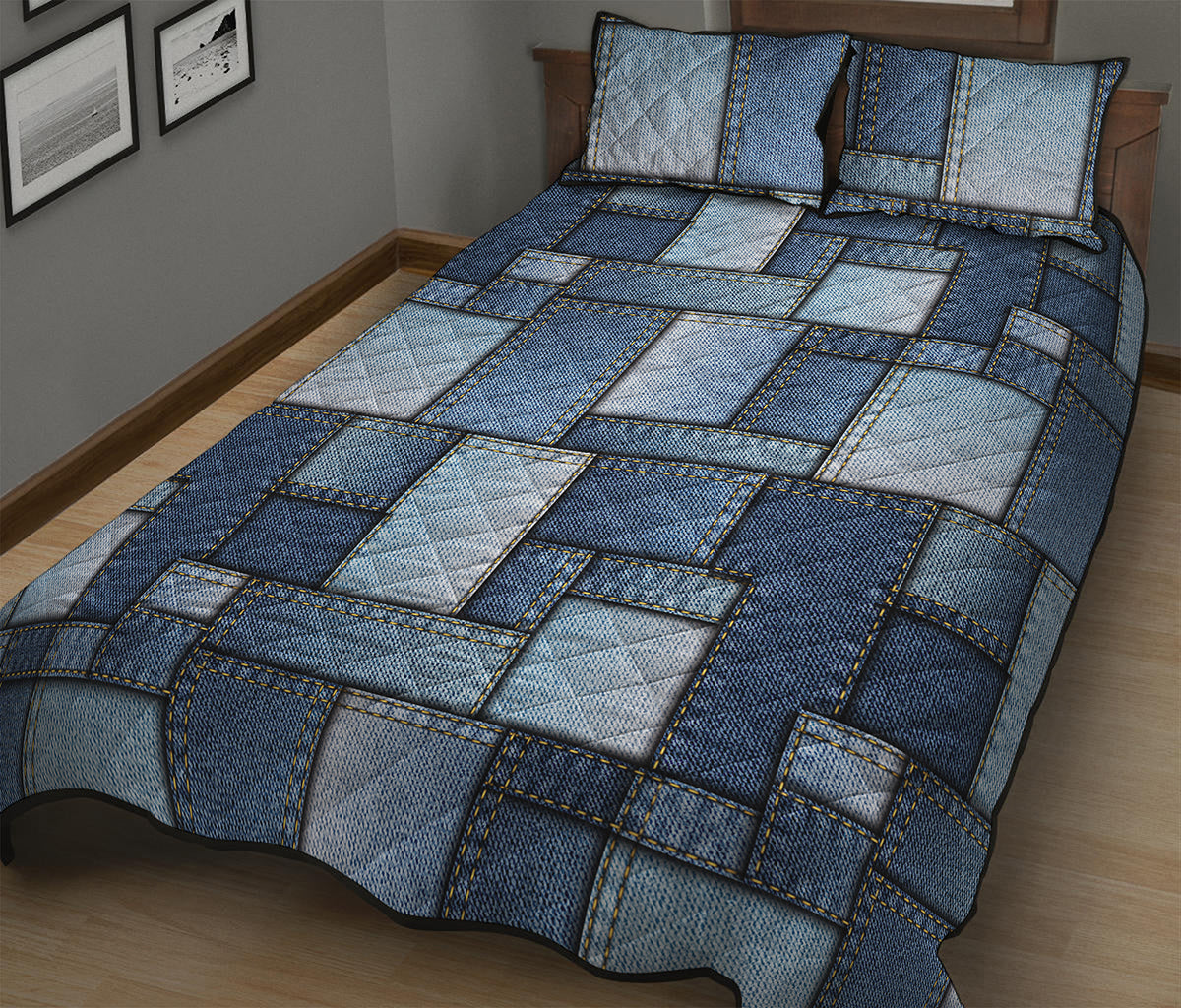 Patchwork Denim Jeans Pattern Print Quilt Bed Set