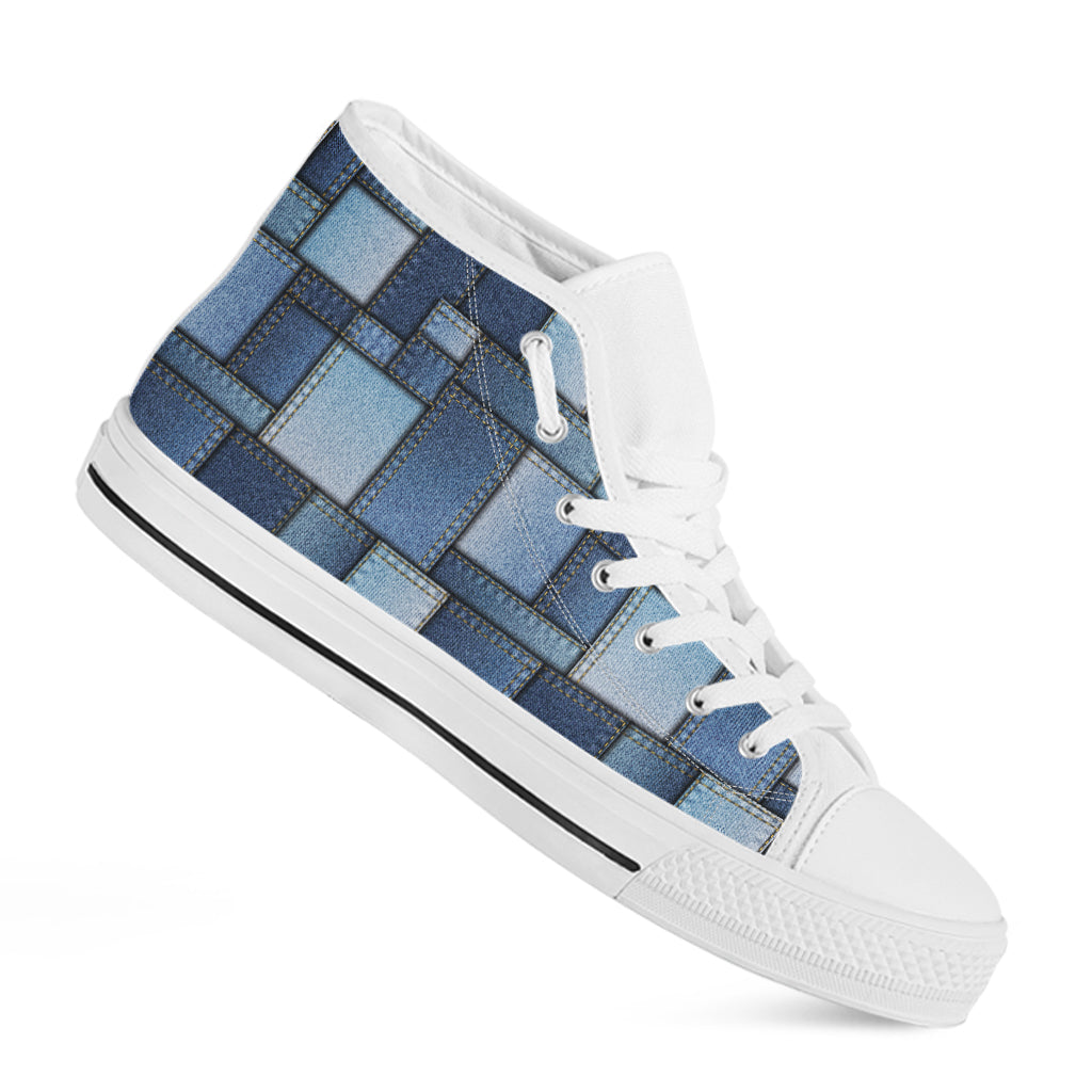 Patchwork Denim Jeans Pattern Print White High Top Shoes