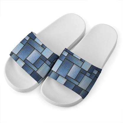 Patchwork Denim Jeans Pattern Print White Slide Sandals