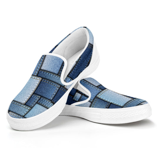 Patchwork Denim Jeans Pattern Print White Slip On Shoes