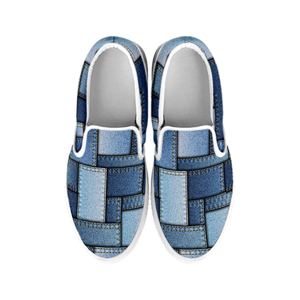 Patchwork Denim Jeans Pattern Print White Slip On Shoes