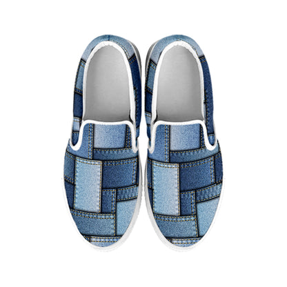 Patchwork Denim Jeans Pattern Print White Slip On Shoes