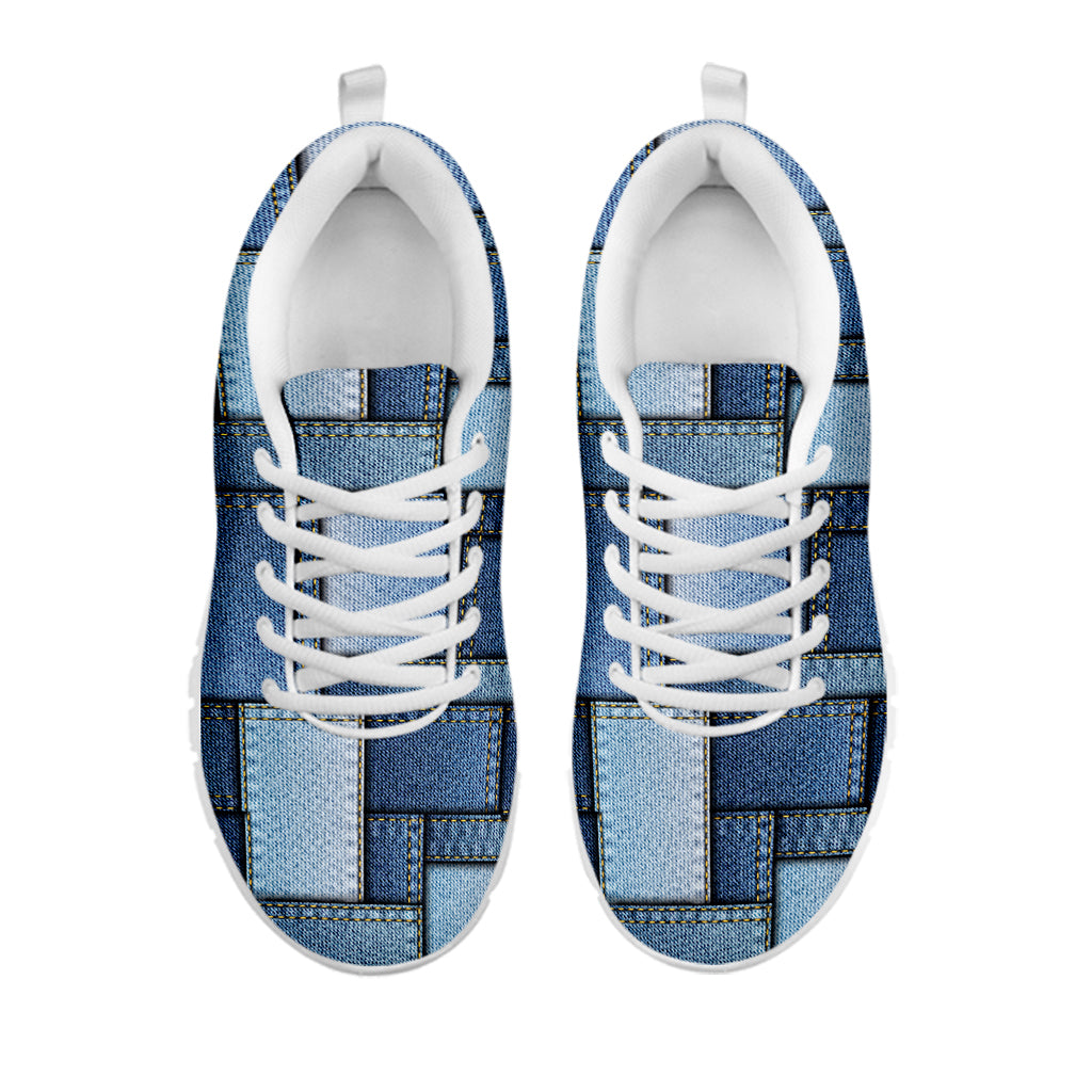 Patchwork Denim Jeans Pattern Print White Sneakers