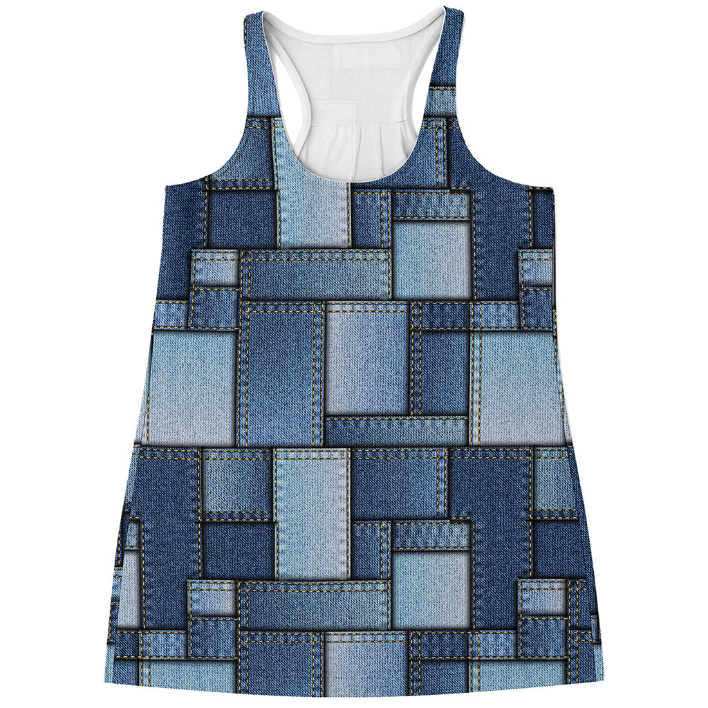 Patchwork Denim Jeans Pattern Print Women's Racerback Tank Top