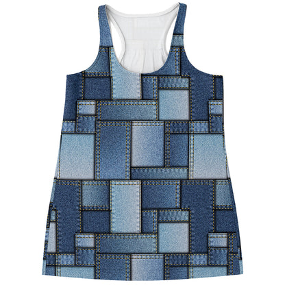 Patchwork Denim Jeans Pattern Print Women's Racerback Tank Top