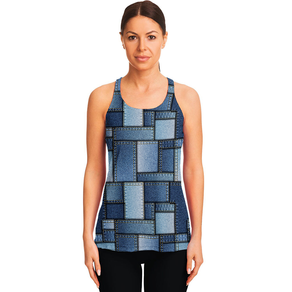 Patchwork Denim Jeans Pattern Print Women's Racerback Tank Top