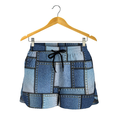 Patchwork Denim Jeans Pattern Print Women's Shorts