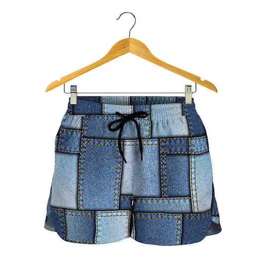 Patchwork Denim Jeans Pattern Print Women's Shorts