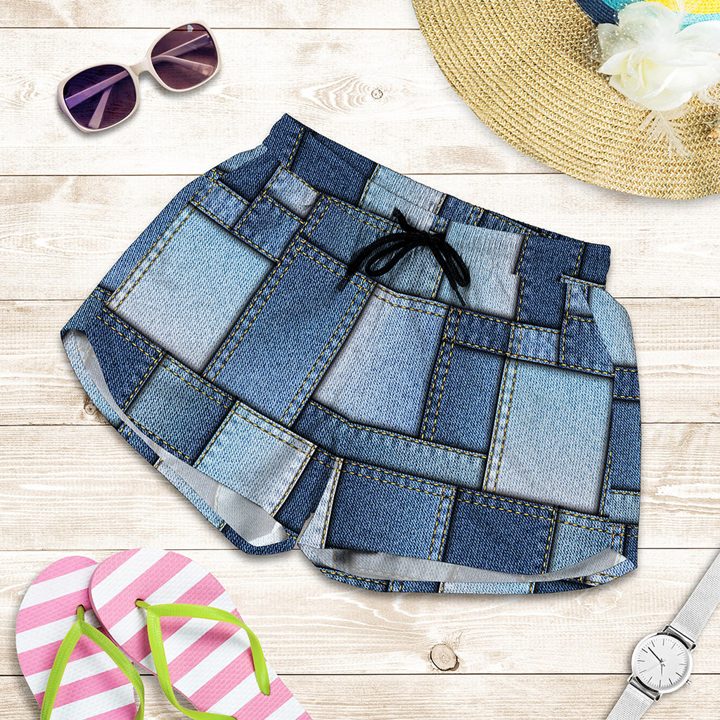 Patchwork Denim Jeans Pattern Print Women's Shorts