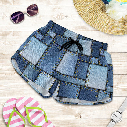 Patchwork Denim Jeans Pattern Print Women's Shorts