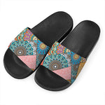 Patchwork Mandala Bohemian Pattern Print Black Slide Sandals